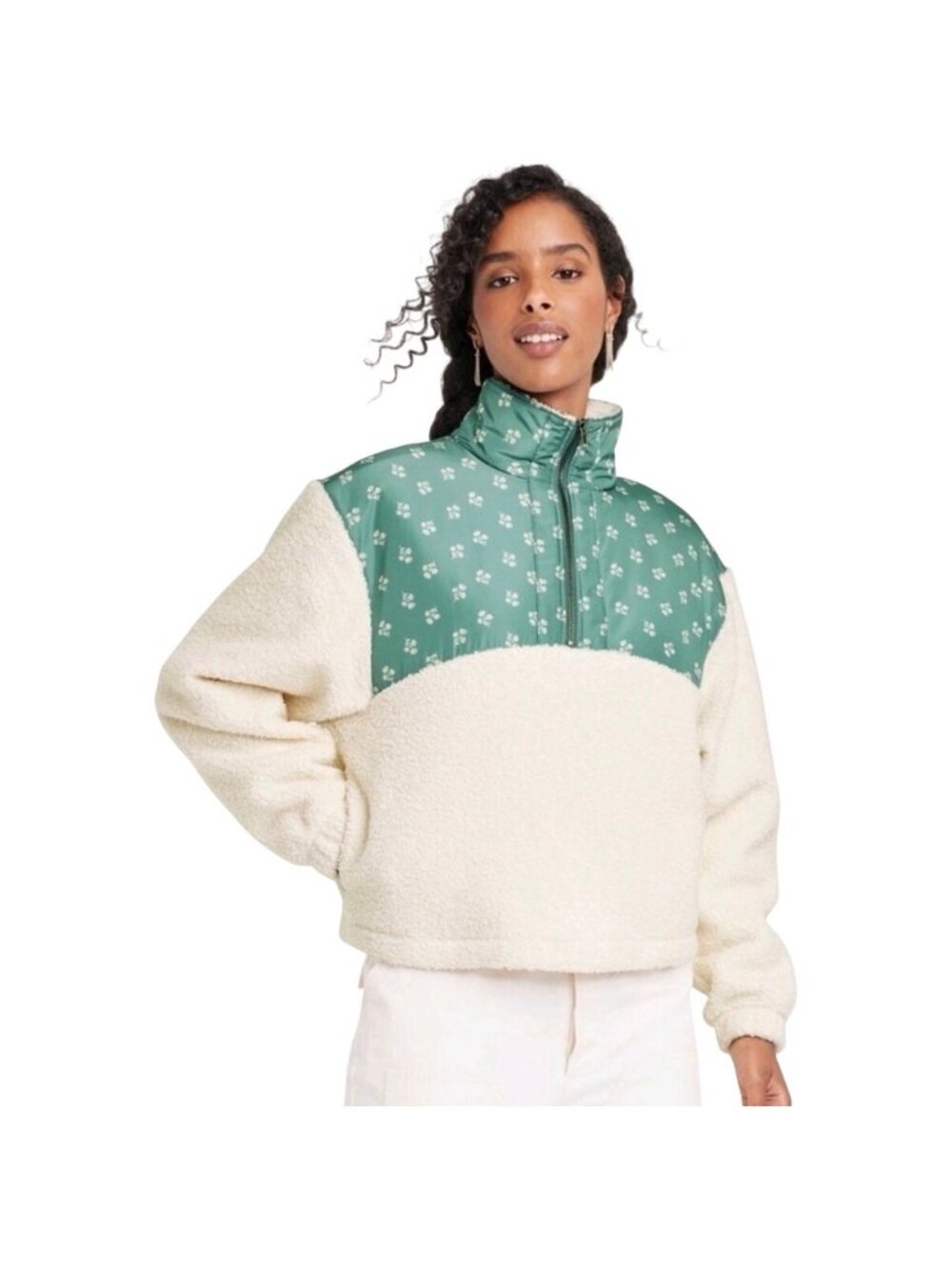 Sage & Cream Floral Cropped Sherpa Pullover